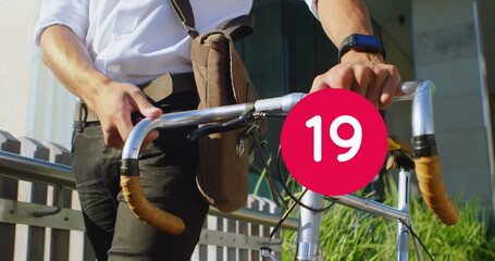 Poster - Image of numbers changing over man walking with bike