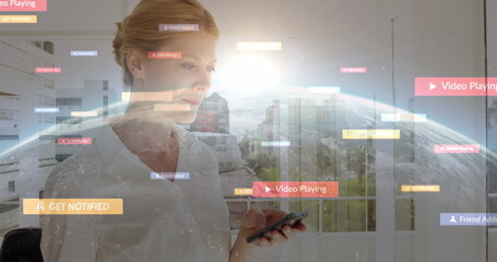 Poster - image of social media icons over woman using smartphone