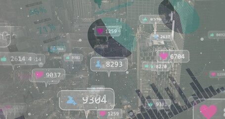 Poster - image of social media icons over statistics and cityscape