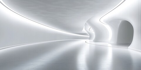 Poster - Futuristic Architecture Sleek White Interior with Curved Walls and Soft Lighting in Modern Building : Generative AI