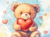 A cute teddy bear holding a red heart in loving arms