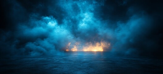 Poster - Eerie Dark Scene Featuring Blue Smoke Mystical Fire and a Textured Concrete Floor  Perfect for a Halloween or Fantasy Concept : Generative AI