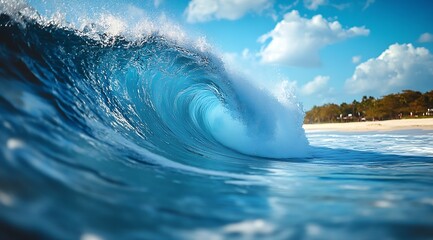 Aufkleber - Crashing Ocean Wave on Tropical Beach Vibrant Blue Water Power Nature Beauty Coastal Scenery Vacation Destination : Generative AI