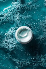 Aufkleber - Close up of creamy moisturizer in a container surrounded by vibrant blue water bubbles : Generative AI