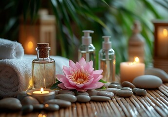 Aufkleber - Serene Spa Scene with Lotus Flower Candles and Towels for Relaxation and Wellness Promotion : Generative AI