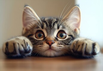 Poster - Cute Tabby Kitten Peek Adorable Feline with Big Eyes and Playful Paws Looking Over the Edge Pet Portraits and Cat Themes : Generative AI