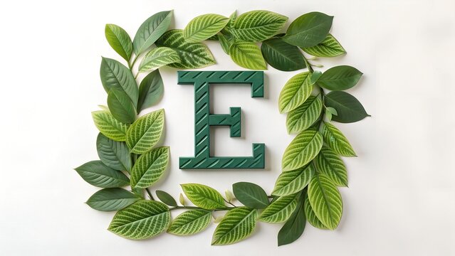 letter e with green leaves