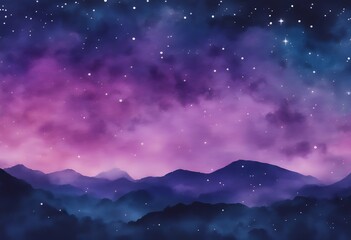Poster - gouache night purple watercolor violet blue background sky atmosphere design science midnight hand sunset astronomy constellations telescope graphic moon glow lactic illustration starry magic cloud