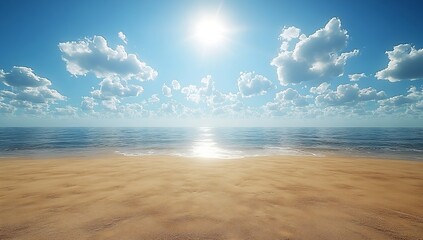 Poster - Golden Sandy Beach Meeting Azure Blue Ocean Under Bright Sunny Sky with Fluffy White Clouds  Perfect for Summer Getaways : Generative AI