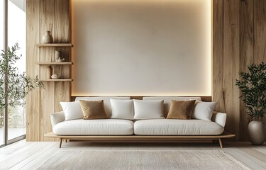 Aufkleber - Modern Minimalist Living Room Interior Design with White Sofa Wood Panels and Green Plants Stylish Home Decor Inspiration : Generative AI
