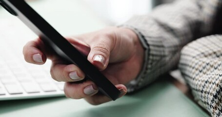 Fototapete - Business person, hands and phone at desk with networking, text and online communication. Computer, mobile message and social media browse in office or workplace with contact and typing at company