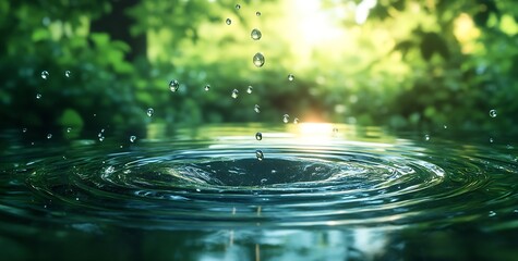 Poster - Water Drop Impact Creating Ripples in a Serene Lake Environment with Lush Greenery : Generative AI