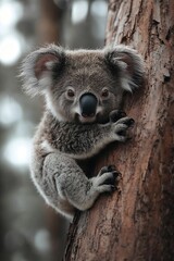 Poster - Cute Koala Bear Clinging to a Tree Trunk Adorable Australian Wildlife Portrait Fuzzy Mammal Nature Photography : Generative AI