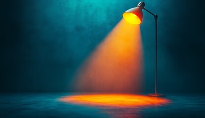 Poster - Elegant floor lamp illuminated in orange light creating a striking contrast against a textured blue backdrop : Generative AI