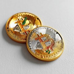 Poster - Close-up of Two Bitcoin Coins, Gold and Silver, on a Light Gray Surface Displaying the Digital Currency's Intricate Design