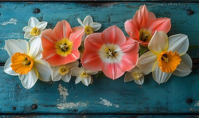Poster - Rustic Floral Still Life of Tulips and Daffodils on Distressed Blue Wood Springtime Blooms Perfect for Backgrounds : Generative AI