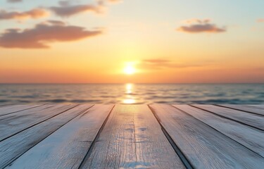 Poster - Stunning sunset view from a wooden deck overlooking calm ocean waters and distant horizon : Generative AI