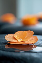 Aufkleber - Closeup of Orange Flower Petals with Water Droplets on Dark Background Reflecting Light Delicate Blossom and Dewdrops : Generative AI
