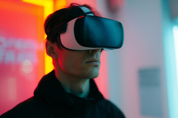 Poster - man wearing virtual reality headset in futuristic setting