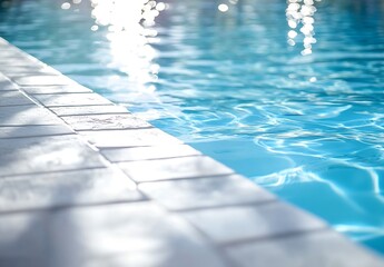 Fototapete - Tranquil Swimming Pool Edge with Reflecting Sunlight Ripples Summer Vacation Relaxation and Refreshing Blue Water : Generative AI