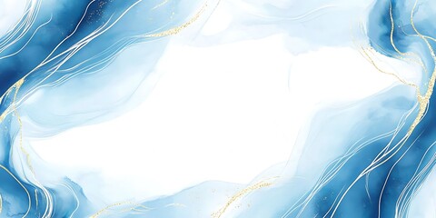 Poster - 
White and Blue shades of watercolor fluid painting background design. Dusty pastel and golden marble. Alcohol ink imitation. Abstract waves, lines.

