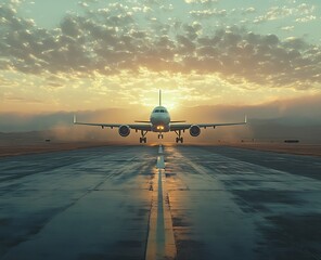 Poster - Airplane on Runway at Sunset Dramatic Aviation Scene of a Commercial Plane Taking Off Aviation : Generative AI