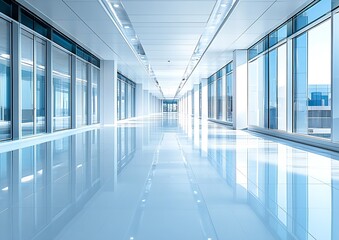 Fototapete - Modern Office Corridor with Glass Walls. Clean Architecture Business Environment and Corporate Design : Generative AI