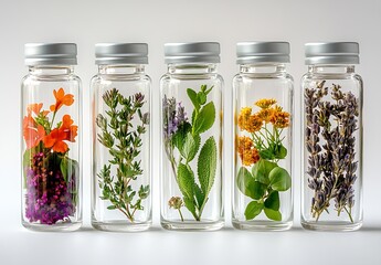 Aufkleber - Elegant glass bottles filled with vibrant herbs and flowers showcasing nature's beauty and color : Generative AI