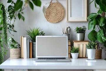 Poster - Cozy Home Office Setup with Laptop Plants Books and Natural Decor Productive Workspace Styled Desk : Generative AI