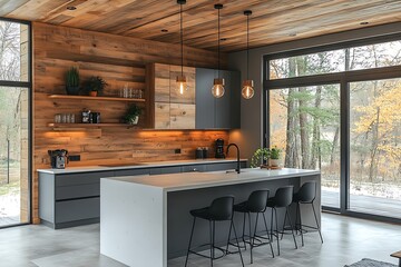 Poster - modern kitchen interior with wooden accents and large window overlooking autumn forest : generative 