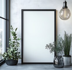 Poster - Blank Frame Mockup with Plants Near Window. Modern interior design stylish home decor showcase your artwork or poster in elegant style : Generative AI