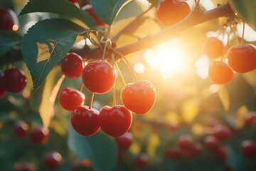 Poster - Ripe Red Cherries on Branch Bathed in Golden Sunlight Fresh Fruit Summer Harvest Orchard Scene : Generative AI