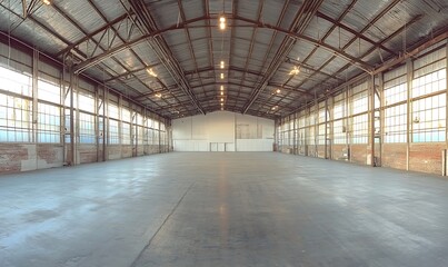 Leinwandbilder - Vast Empty Warehouse Interior with Natural Light Streaming Through Windows Ideal for Industrial or Commercial Space Minimalist Design : Generative AI