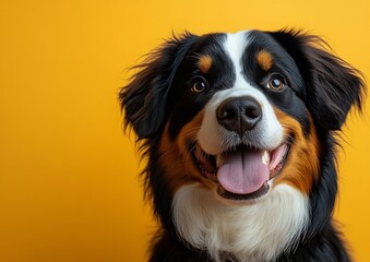 Poster - Happy Bernese Mountain Dog Portrait on Bright Yellow Background Dog Breed Profile Pet Photography Canine Friendliness Breed : Generative AI