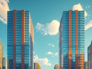 Poster - Modern City Skyline Contemporary High Rise Buildings Against a Bright Blue Sky with Fluffy White Clouds in Urban Landscape : Generative AI