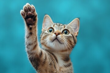 Poster - Adorable Tabby Cat Reaching Up with Paw Blue Background Cute Pet Portrait with Whiskers and Playful Expression : Generative AI