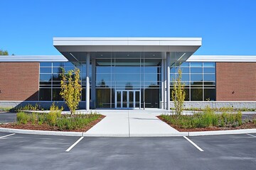 Poster - Modern Office Building Exterior with Glass Facade and Lush Landscaping Ideal for Corporate or Commercial Architecture : Generative AI