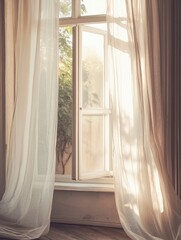 Aufkleber - Delicate curtains flowing in a sunny pastel morning by an open window surrounded by greenery