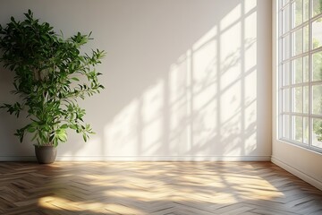 Poster - Serene Interior Scene Plant by Window Sunlight Shadows in Modern Apartment Home Decor Minimalist Elegant Style : Generative AI