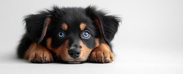 Poster - Adorable puppy portrait with soulful eyes and fluffy ears against a clean white backdrop.  Cute canine charm for any project : Generative AI