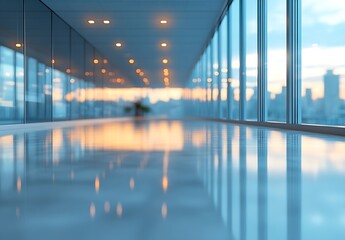 Aufkleber - Modern Office Interior with Glass Walls and City View at Sunset for Architecture Business and Real Estate Promotion : Generative AI