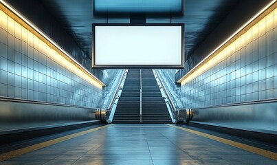 Aufkleber - Subway Station with Escalators and Blank Billboard Ideal for Advertising Mockups and Urban Transportation Scenery : Generative AI