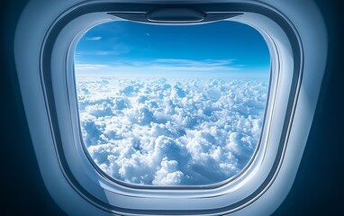 Poster - Stunning View from Airplane Window Above the Clouds on a Sunny Day Travel and Aviation Concept : Generative AI