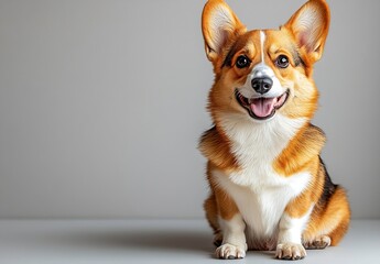 Poster - Adorable Corgi Dog Portrait Smiling Contentedly Fluffy Brown and White Pet Canine Friend Companionship Animal Lover Image : Generative AI