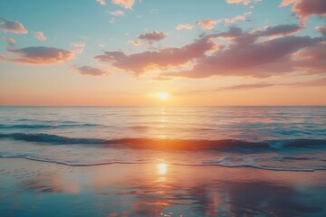 Poster - Serene Sunset Over Calm Ocean Waters with Pastel Sky Romantic Seascape Beauty in Nature Peaceful Coastal Scene : Generative AI