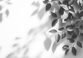 Poster - Elegant Black and White Leaves with Soft Shadows on a White Wall Minimalist Nature Art for Backgrounds and Modern Interior Decoration : Generative AI