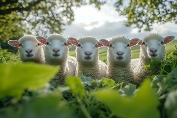 Poster - Cute Sheep in Green Meadow Charming Animals and Sunny Day : Generative AI