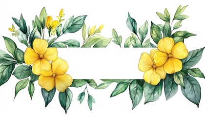 Poster - Stylish watercolor composition of bright yellow flowers and greenery surrounding a blank area for text : Generative AI