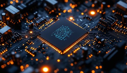 Poster - Detailed shot of a microchip illuminated with vibrant colors showcasing electronic circuits and complexity : Generative AI