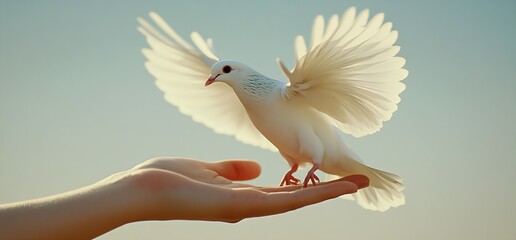 Aufkleber - Stunning white dove gracefully landing on an open hand with soft light illuminating the moment : Generative AI